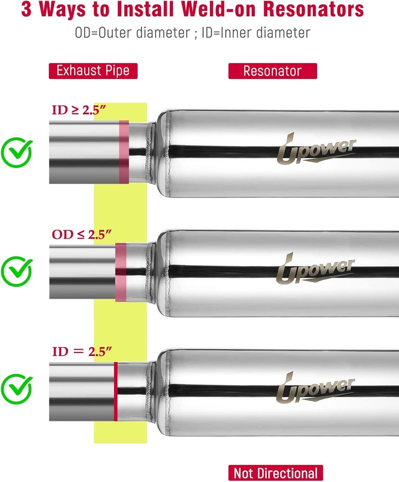 U-Power 2.5" Inlet&Outlet Exhaust Resonator,4" x12" Body 16" Overall Length Center Straight Through Stainless Steel Muffler,Polished - Image 3